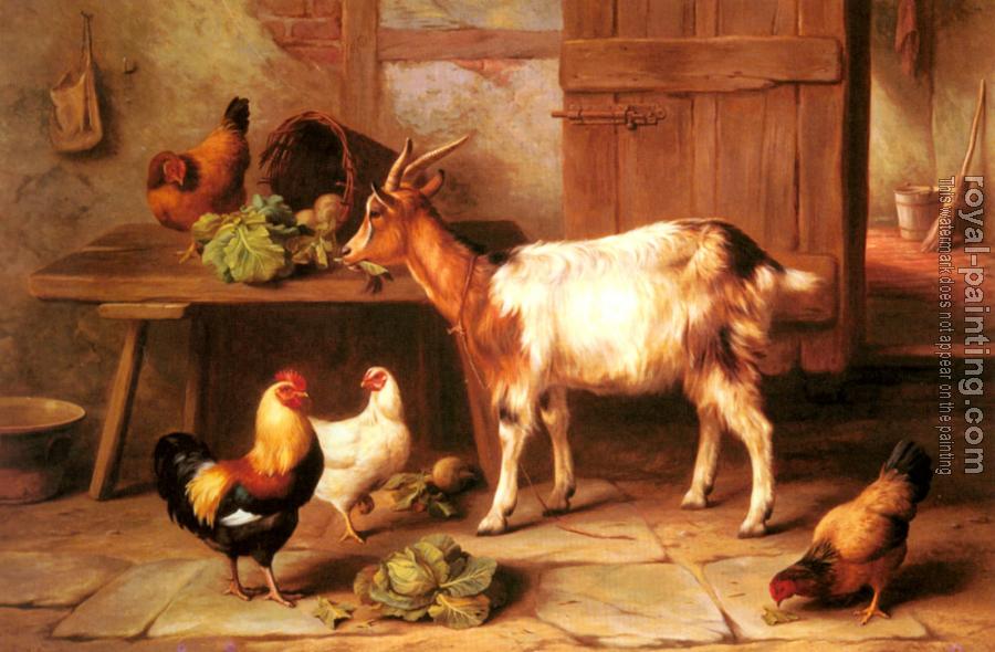 Edgar Hunt : Goat And Chickens Feeding In A Cottage Interior